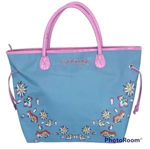 Ed Hardy Retro y2k Baby Blue Pink Floral Tote Bag